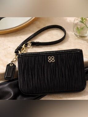 Coach Black Satin Pleated Leather Trim Wristlet